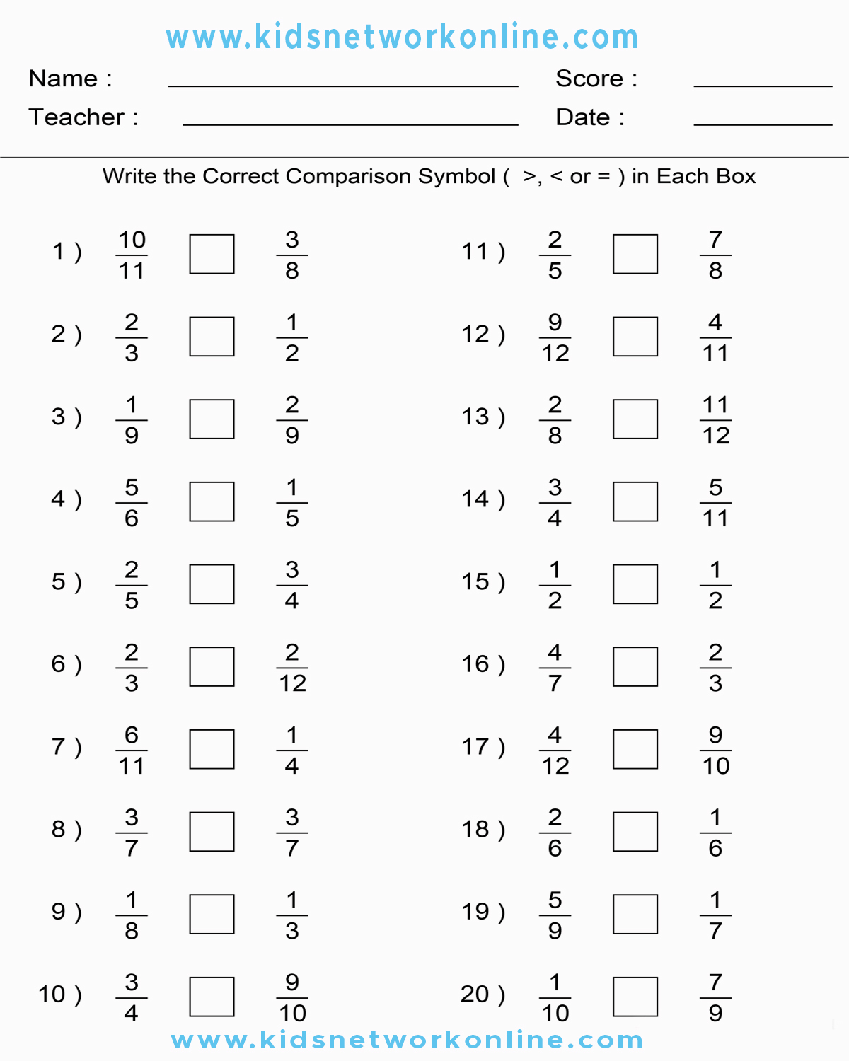 comparing fraction worksheets for kids