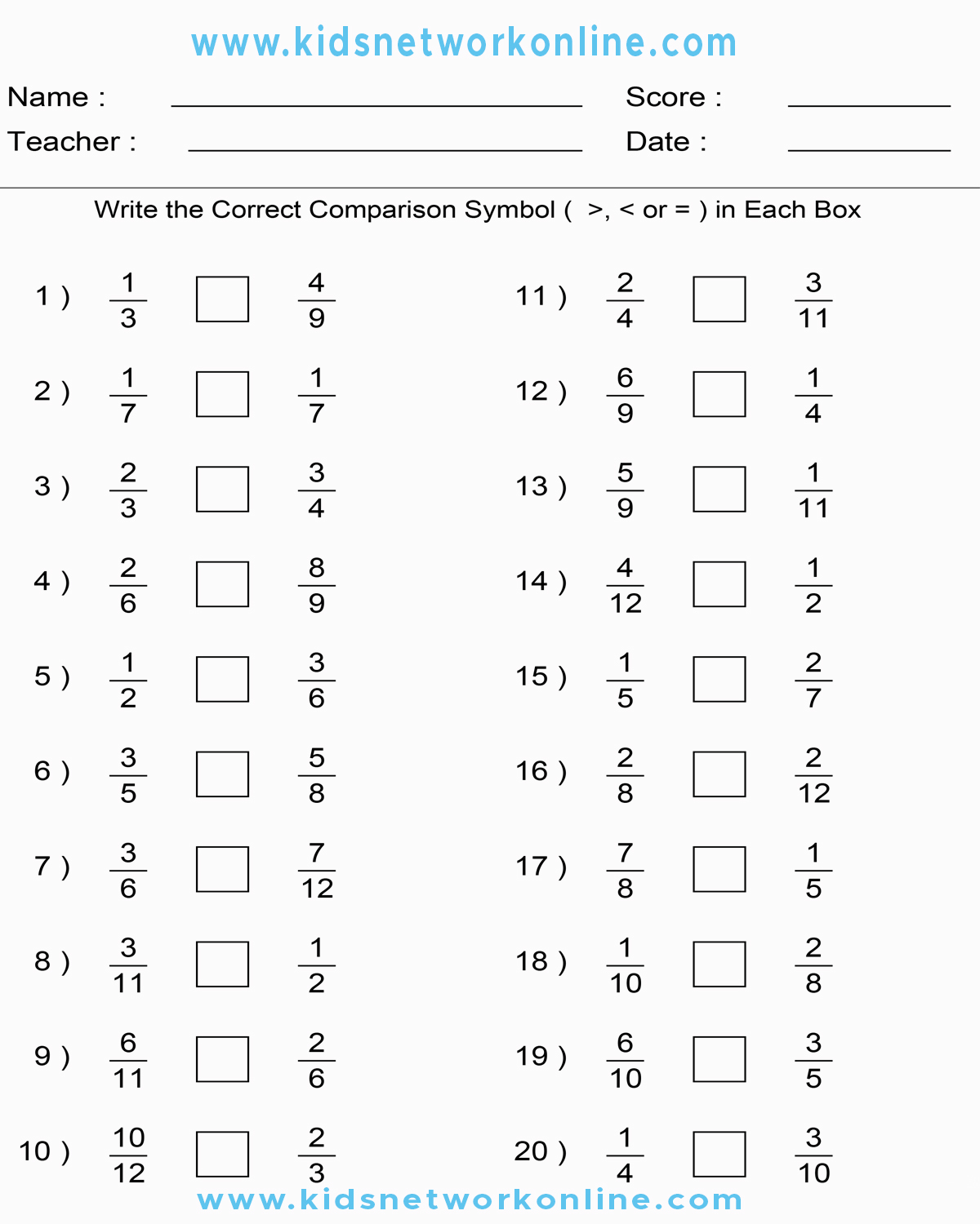 comparing fraction worksheets for kids