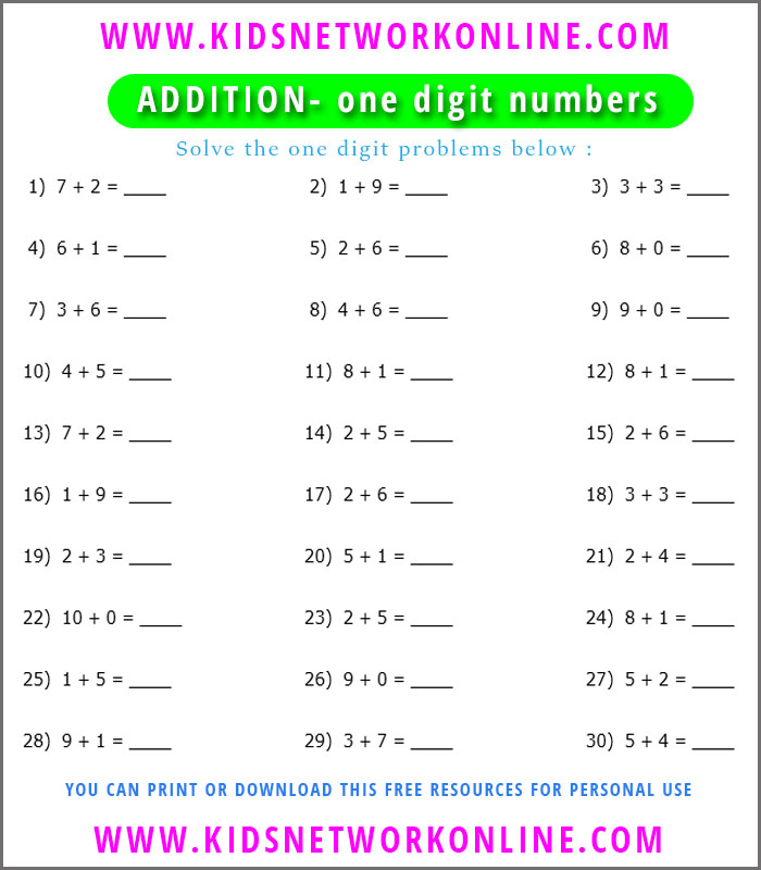 One digit addition worksheets for kids