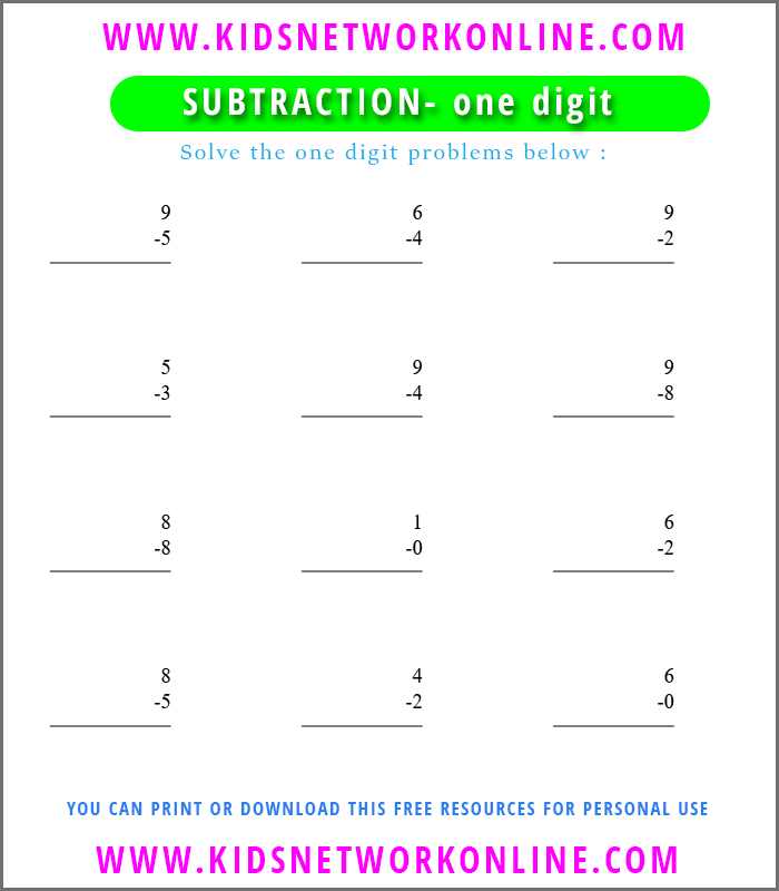 One digit subtraction  worksheet for kids-1