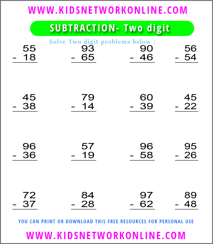Subtraction-Two digit worksheets